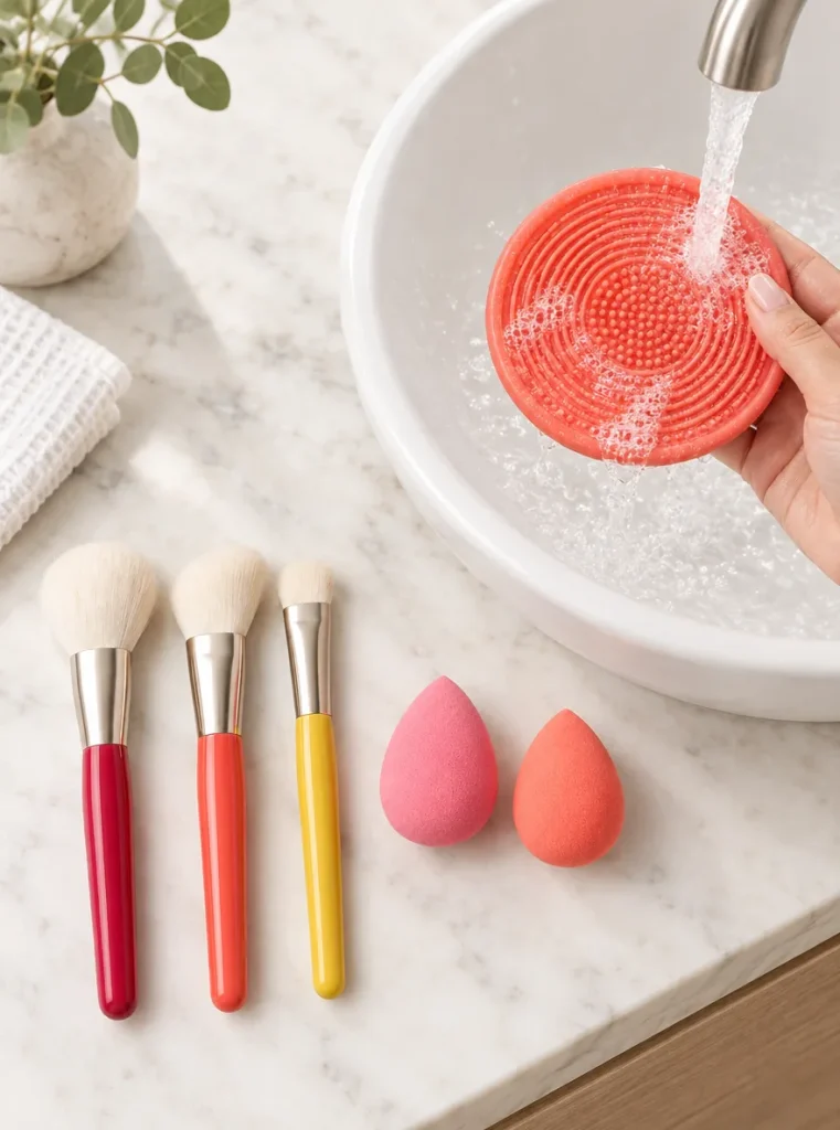 Base Routine Kit · Brushes, Sponges & Mat — in use