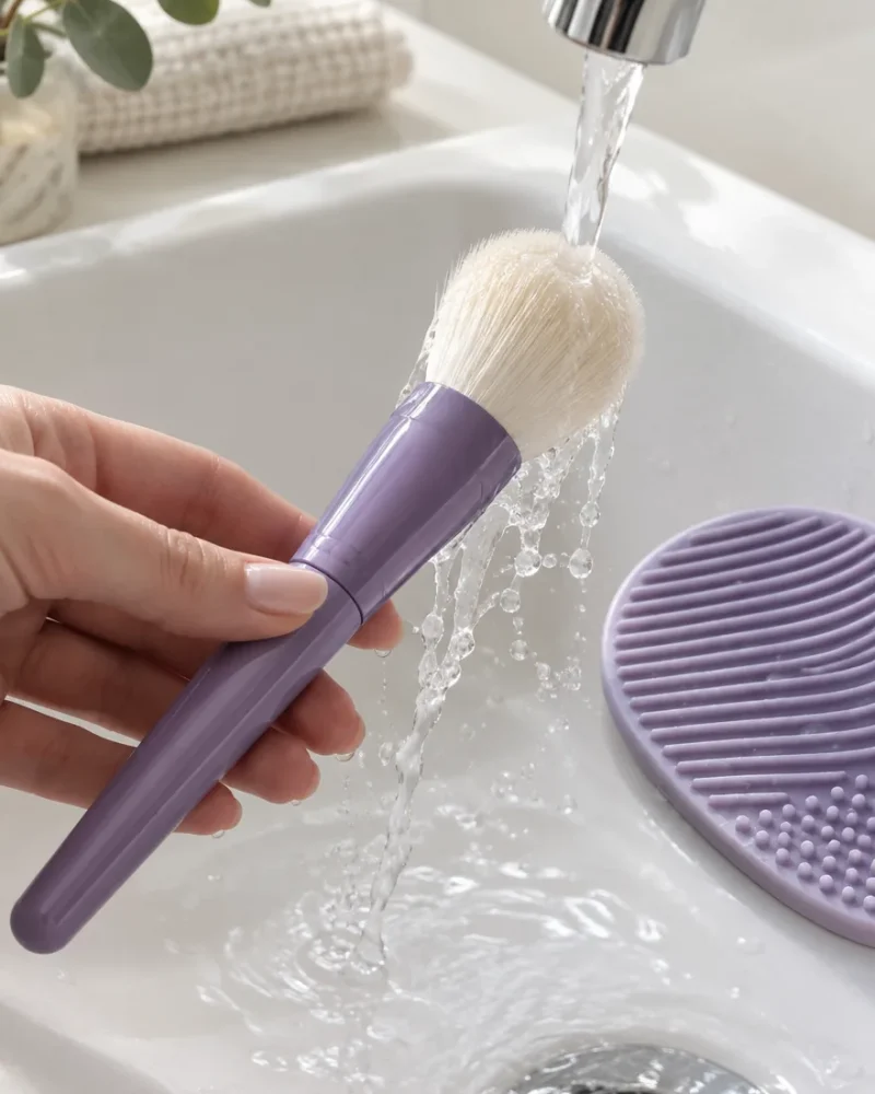 Rinsing a violet-handled brush under running water