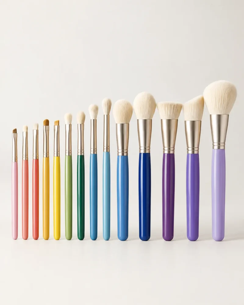 Sixteen single brushes standing in a row by colour