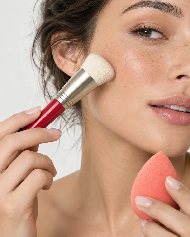 Buffing foundation onto a cheek with a cherry-red kabuki brush