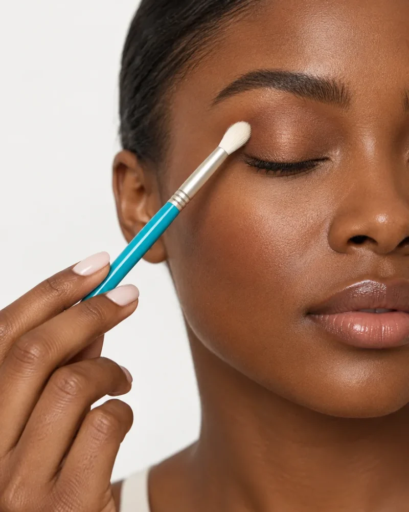 Blending eyeshadow with a teal-handled blending brush
