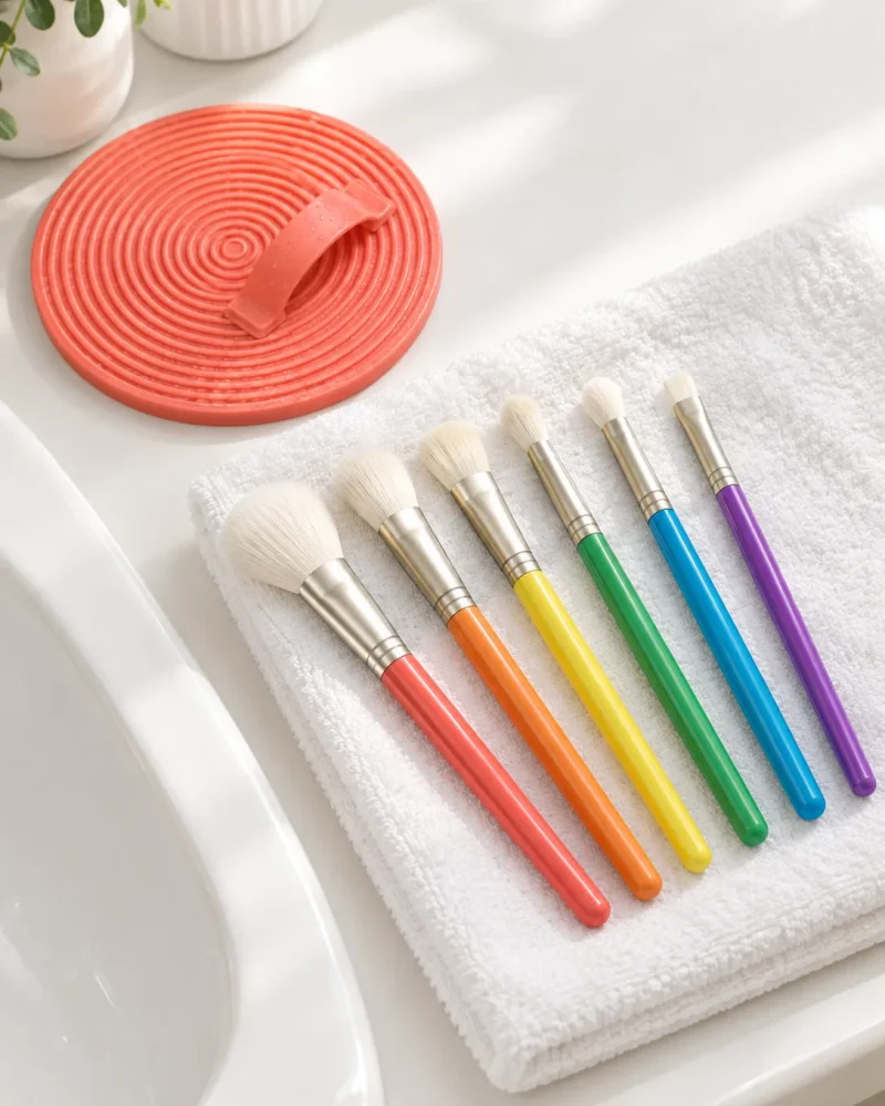Freshly washed brushes drying flat next to a cleaning mat