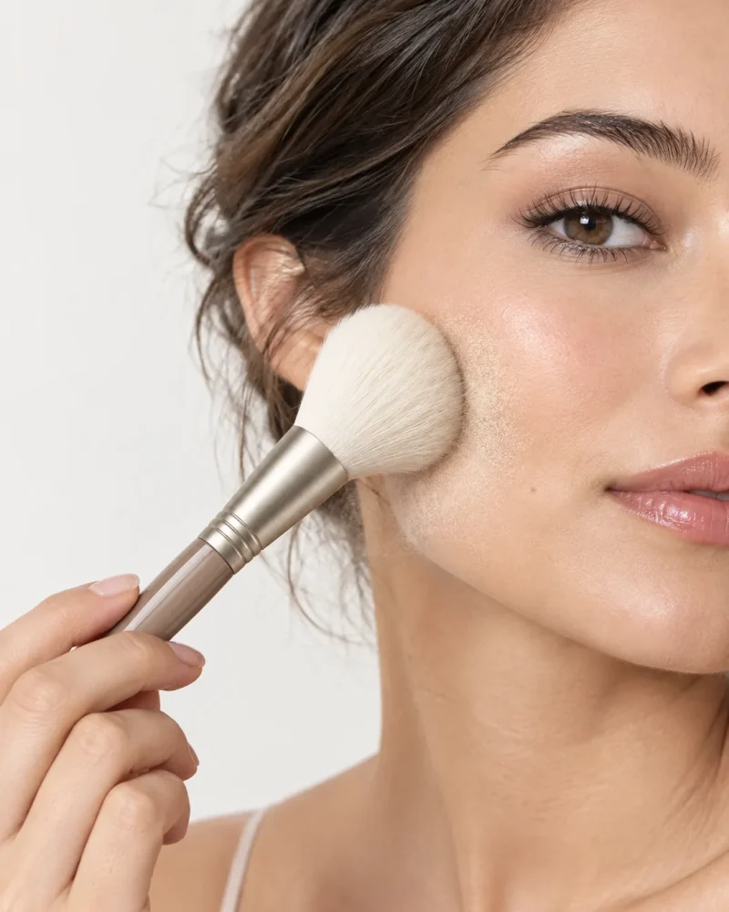 Dusting setting powder with a large taupe powder brush