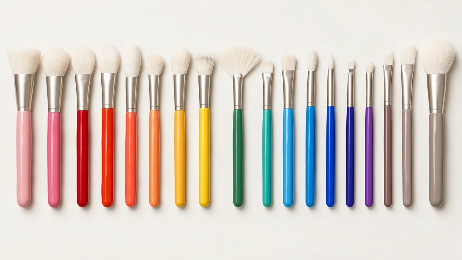 Brush head shapes side by side, handles in spectrum order