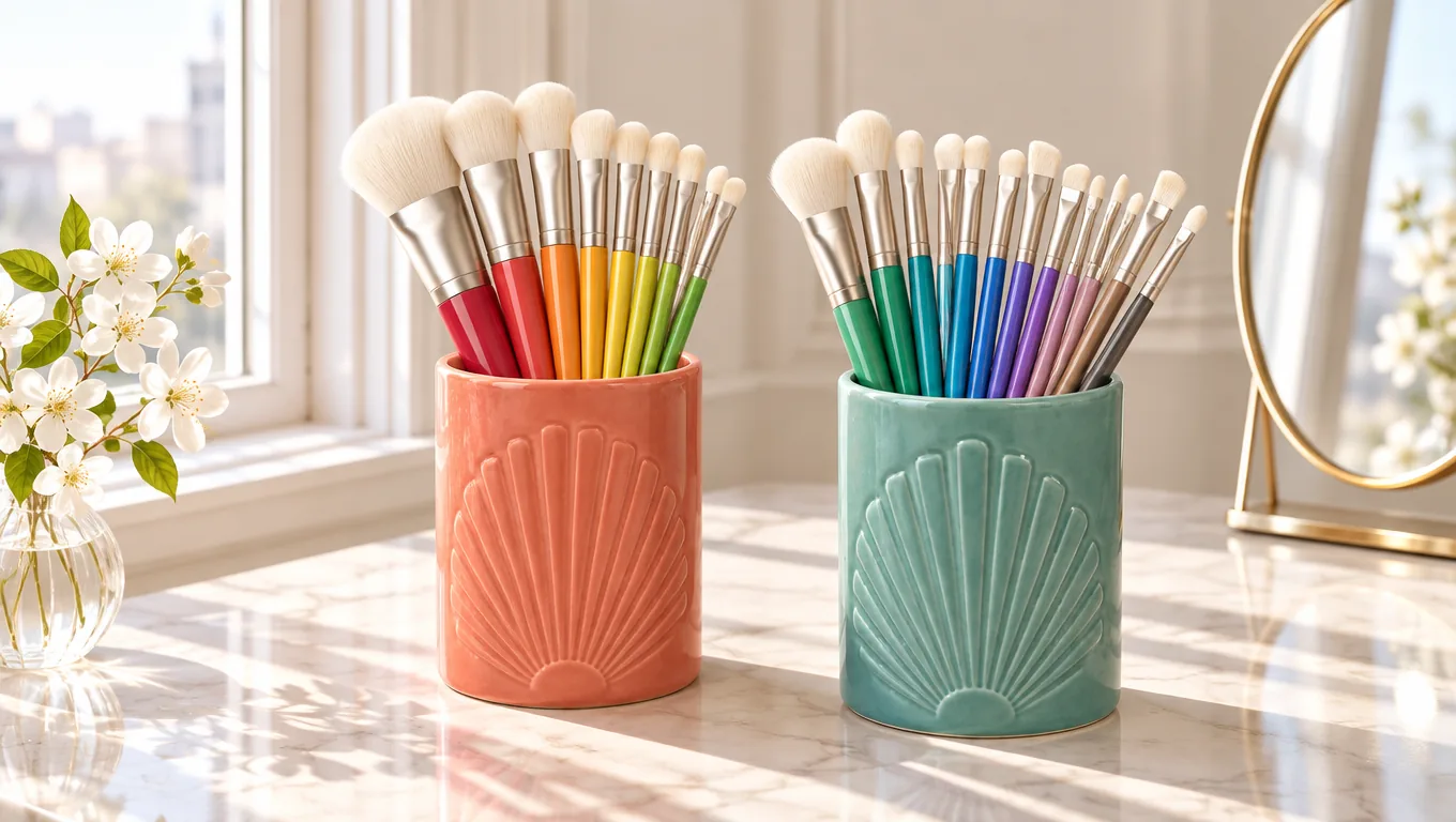 Brush cups on a marble vanity holding brushes in rainbow colours